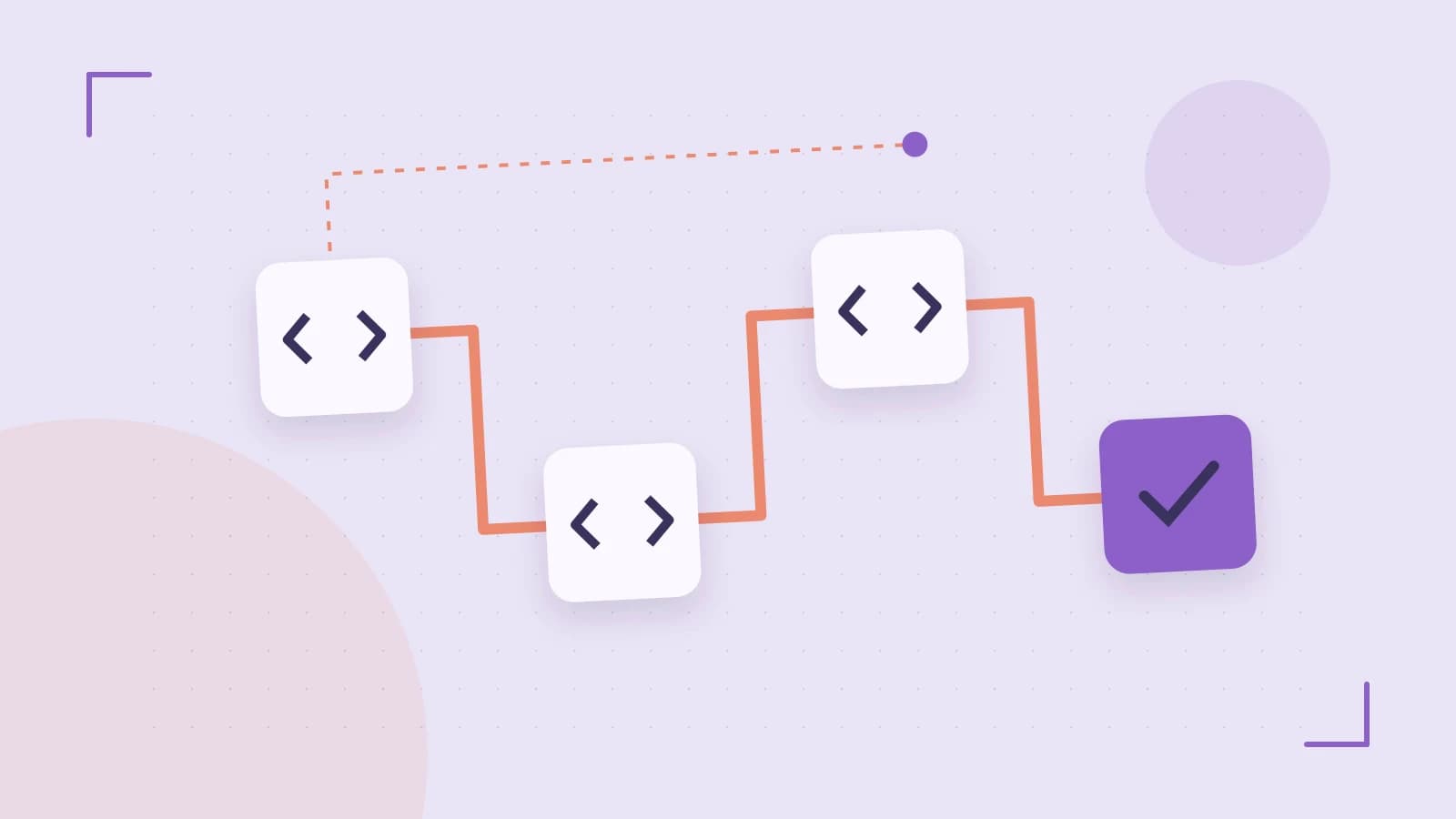 Editorial illustration of a branching build pipeline, staged transformations and a completed check