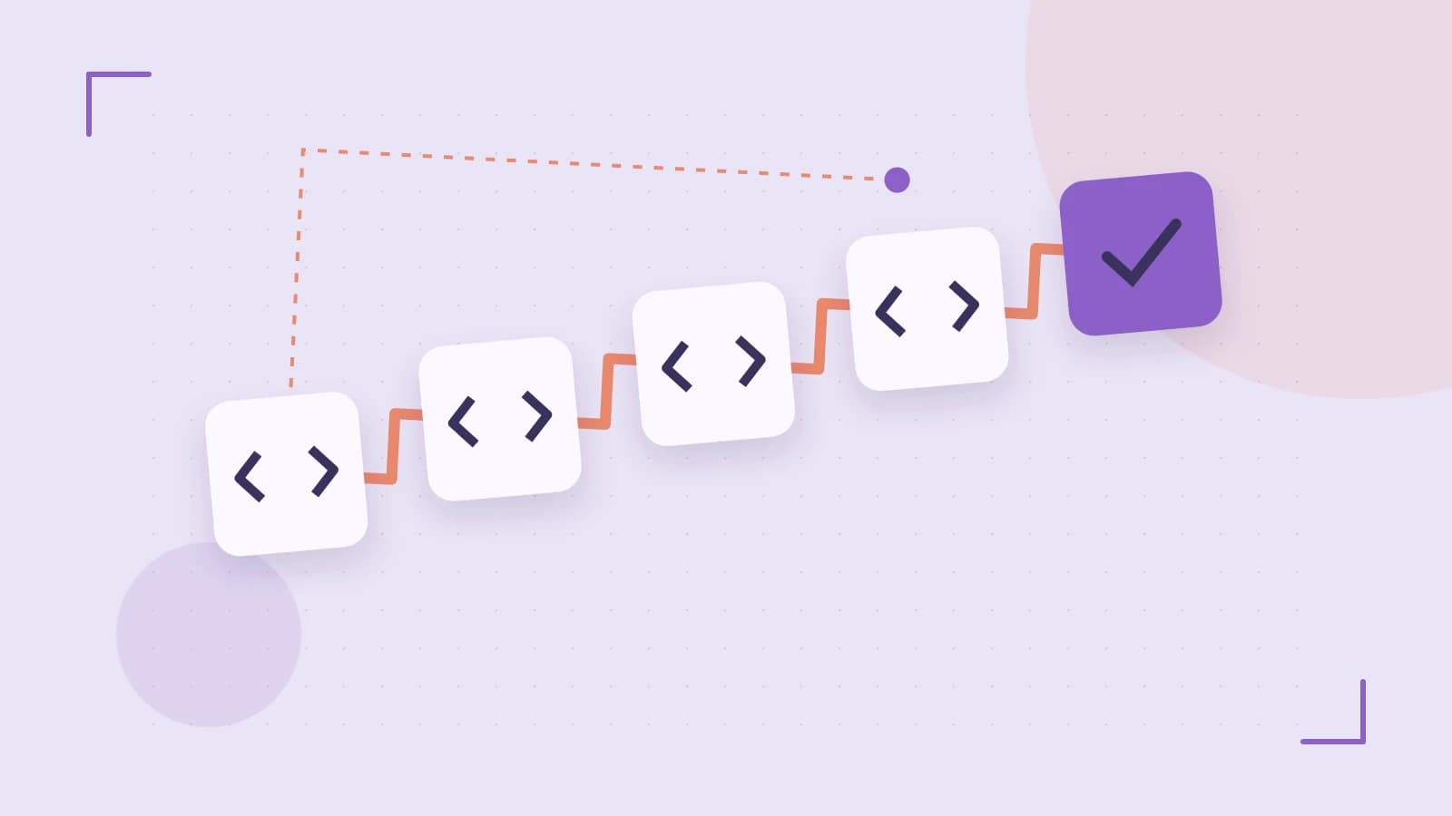 Editorial illustration of a branching build pipeline, staged transformations and a completed check