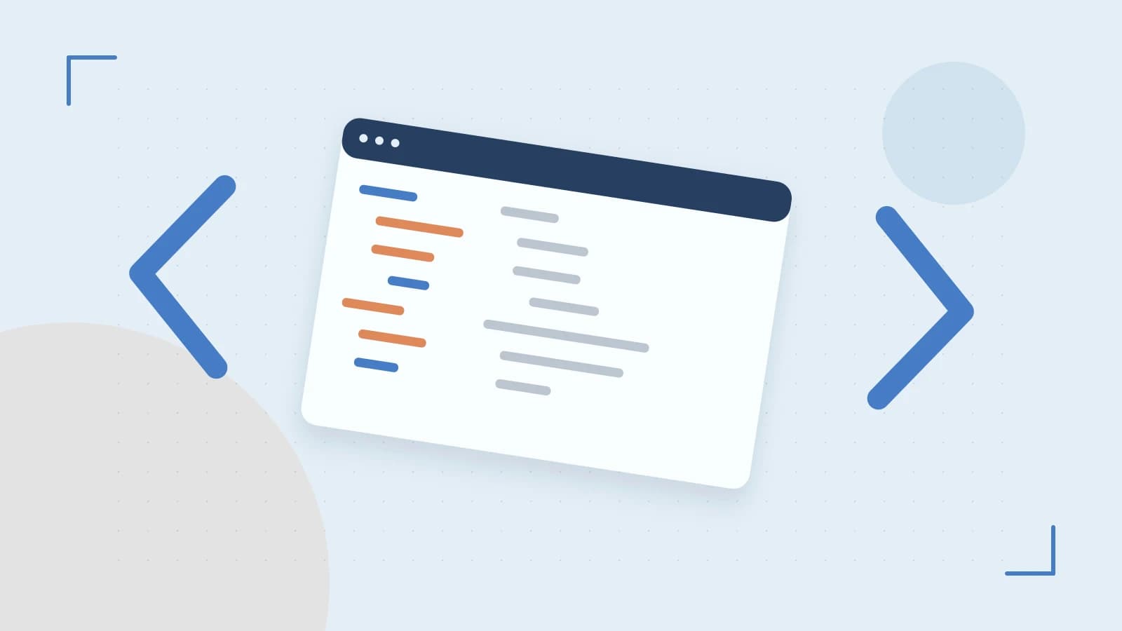 Editorial illustration of an abstract code editor, syntax blocks and oversized programming brackets