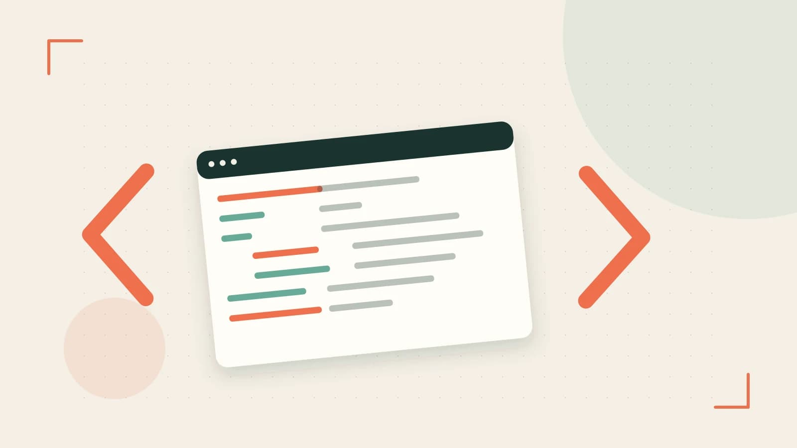 Editorial illustration of an abstract code editor, syntax blocks and oversized programming brackets