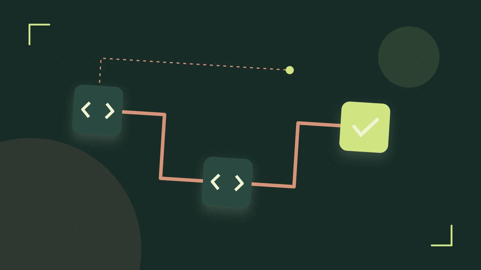 Editorial illustration of a branching build pipeline, staged transformations and a completed check
