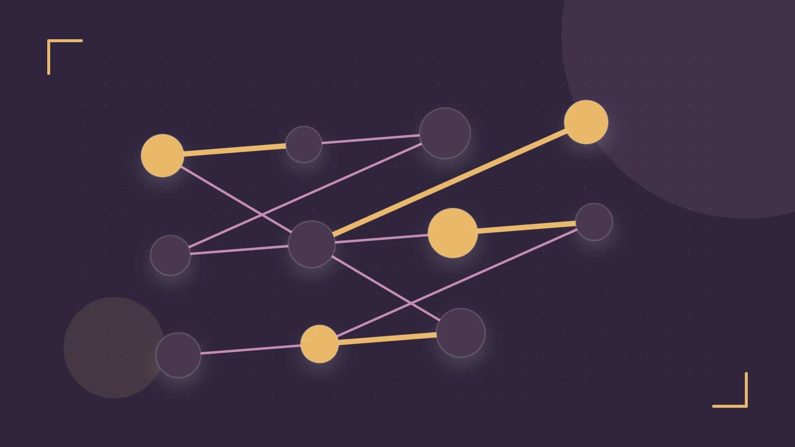 Editorial illustration of an algorithmic node graph with branching paths and a highlighted result