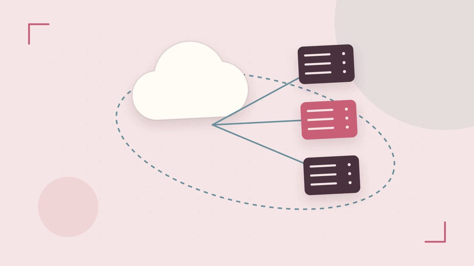 Editorial illustration of cloud infrastructure, connected server racks and an orbital service map