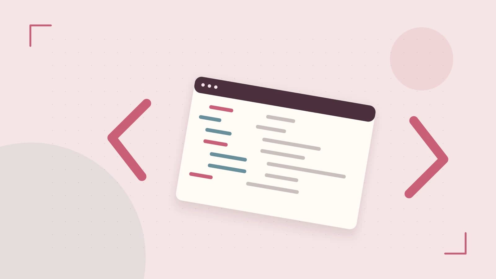 Editorial illustration of an abstract code editor, syntax blocks and oversized programming brackets
