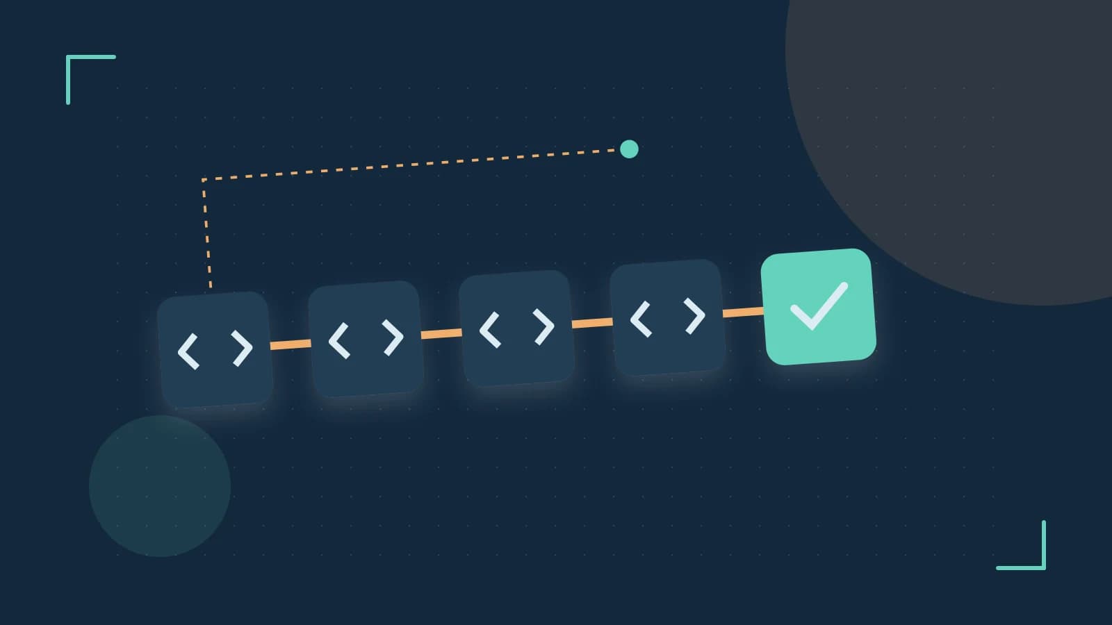 Editorial illustration of a branching build pipeline, staged transformations and a completed check