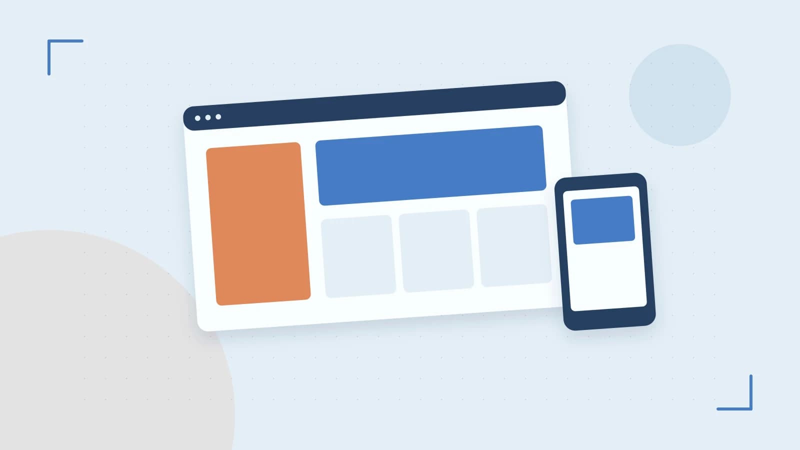 Editorial illustration of responsive browser layouts, overlapping design components and a color system
