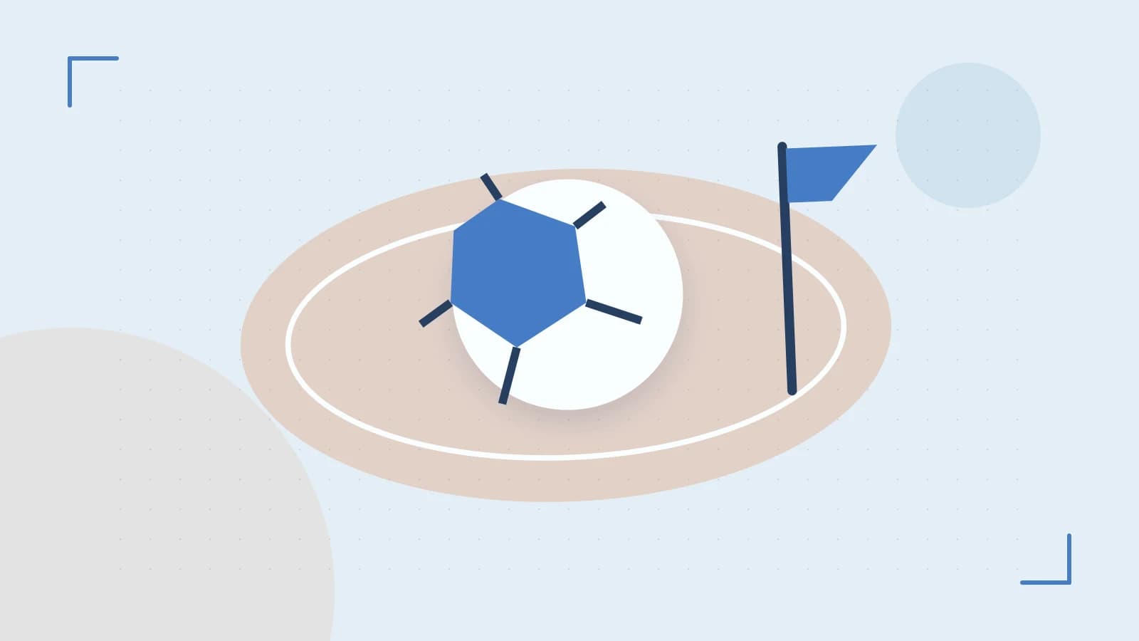 Editorial illustration of a stylized sports ball, stadium geometry and dynamic arcs