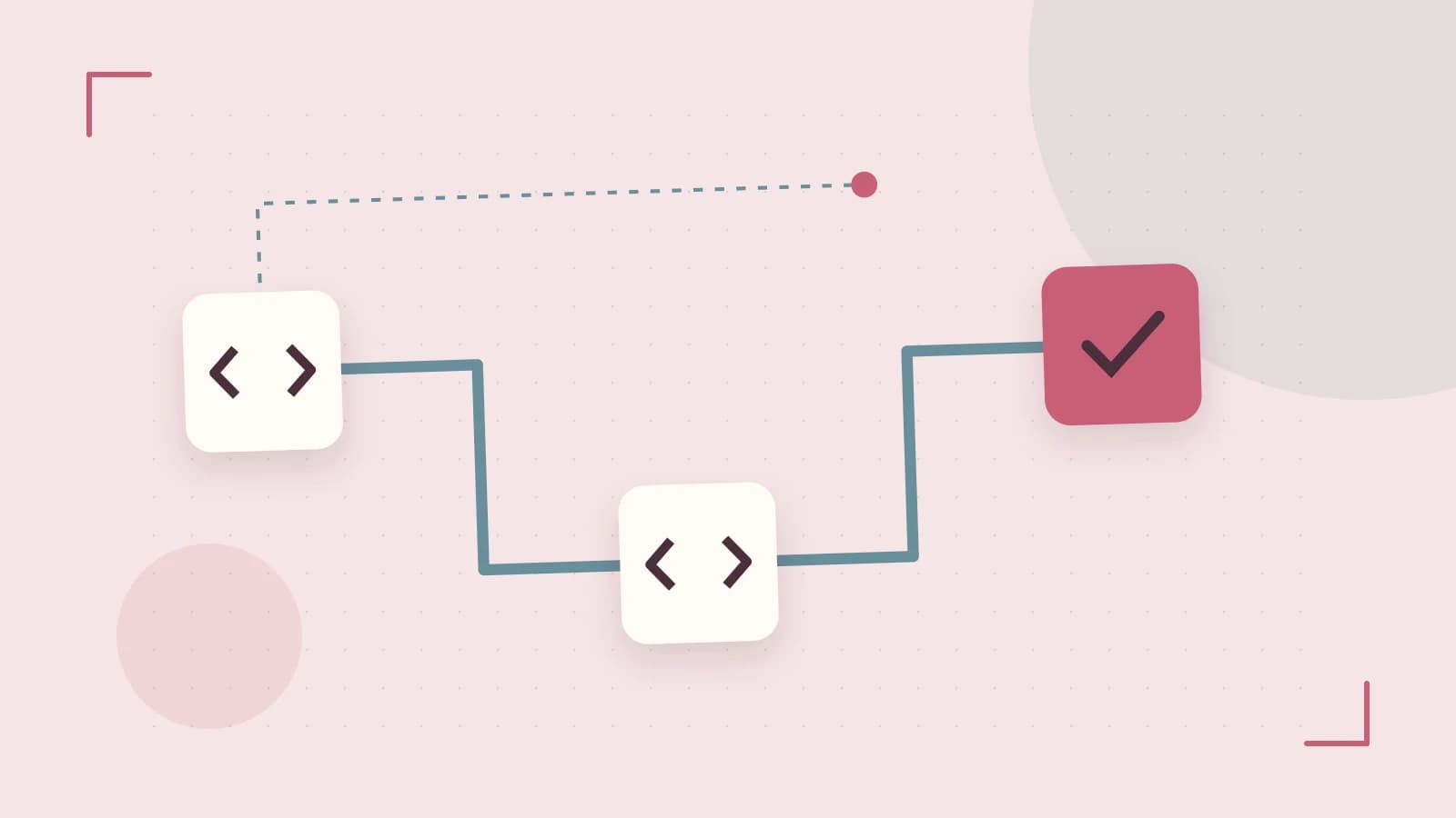 Editorial illustration of a branching build pipeline, staged transformations and a completed check