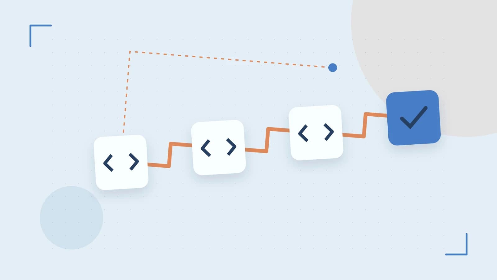 Editorial illustration of a branching build pipeline, staged transformations and a completed check