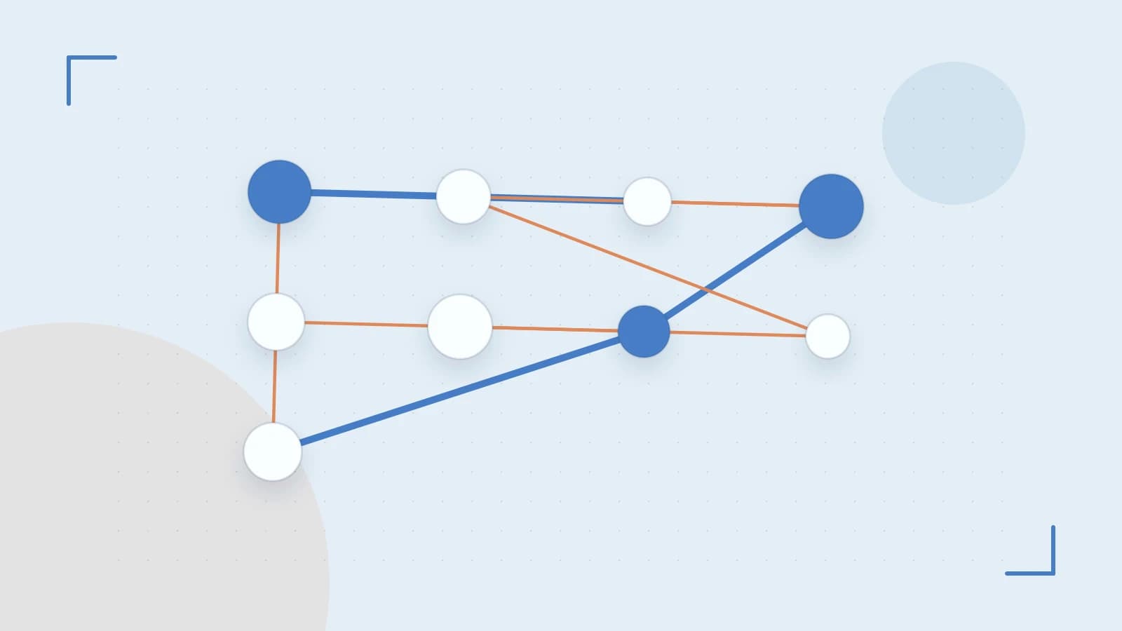 Editorial illustration of an algorithmic node graph with branching paths and a highlighted result