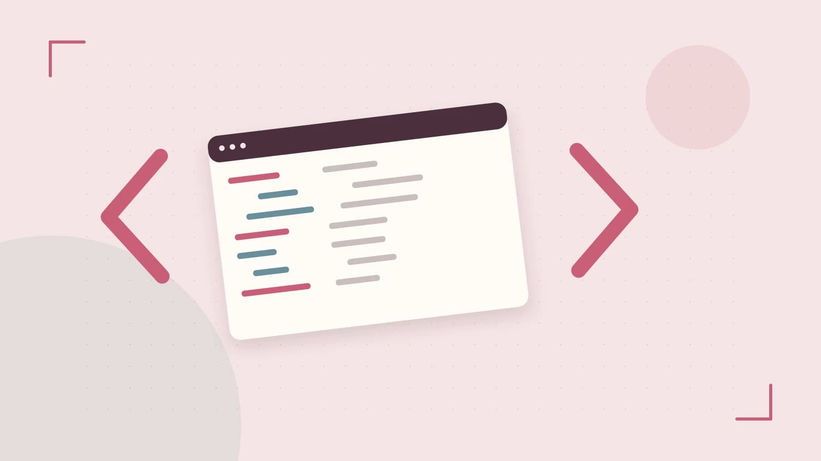 Editorial illustration of an abstract code editor, syntax blocks and oversized programming brackets