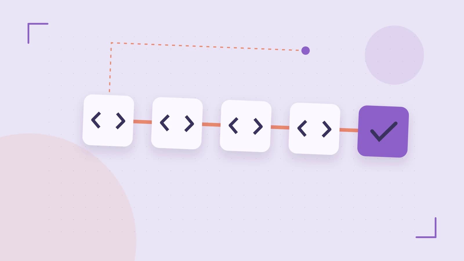 Editorial illustration of a branching build pipeline, staged transformations and a completed check