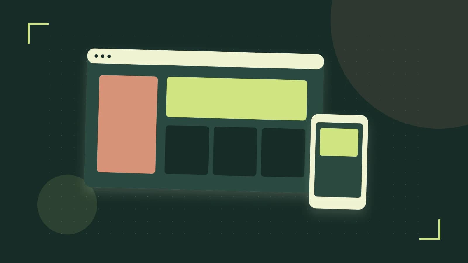 Editorial illustration of responsive browser layouts, overlapping design components and a color system