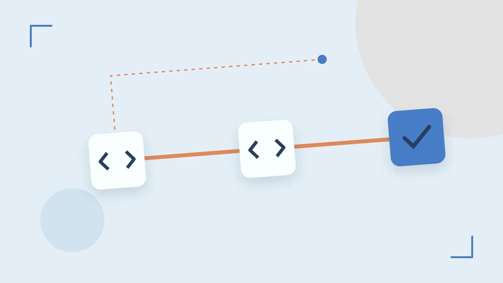 Editorial illustration of a branching build pipeline, staged transformations and a completed check