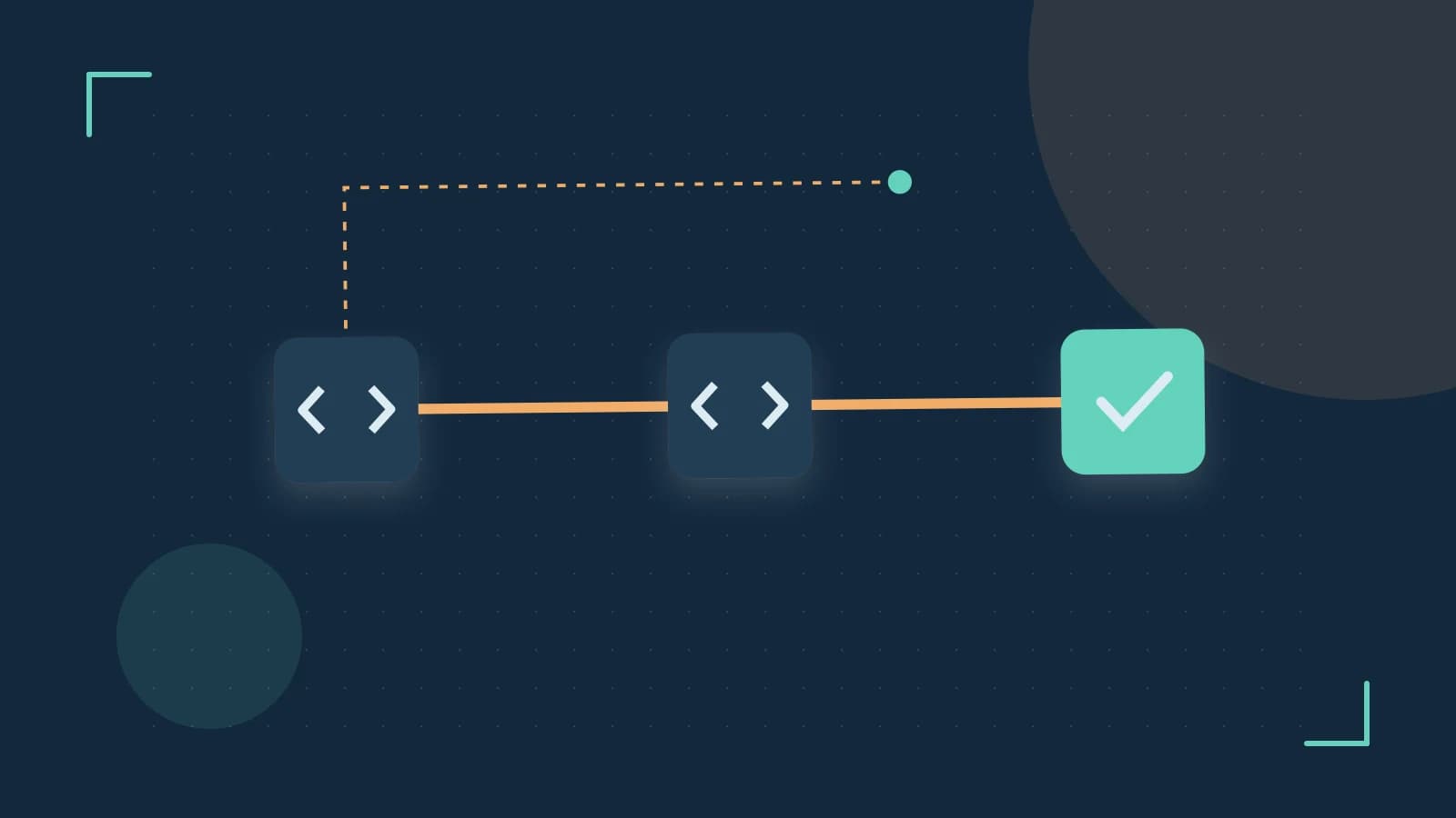 Editorial illustration of a branching build pipeline, staged transformations and a completed check