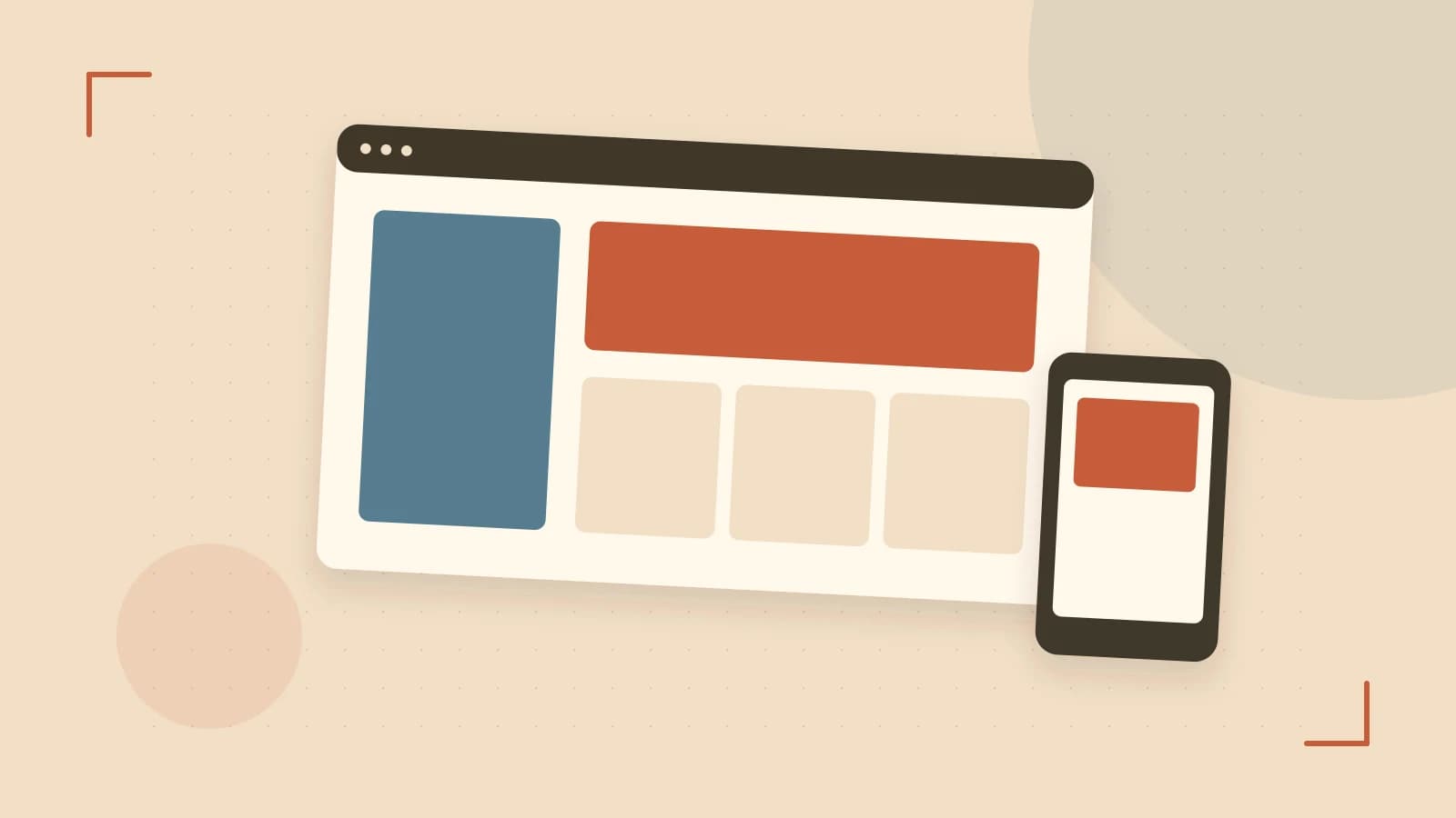 Editorial illustration of responsive browser layouts, overlapping design components and a color system
