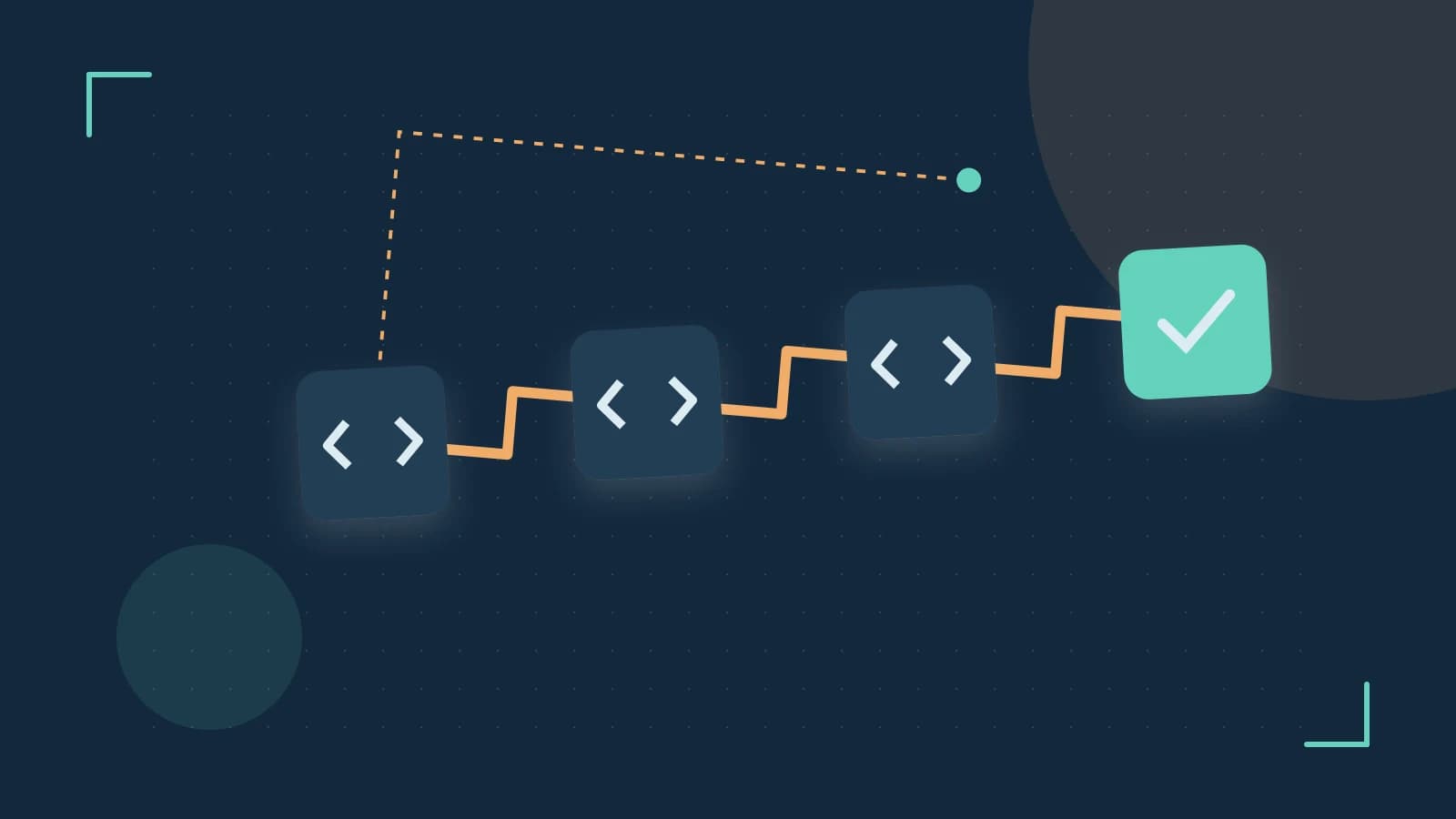 Editorial illustration of a branching build pipeline, staged transformations and a completed check