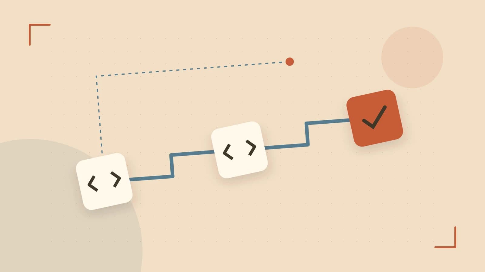 Editorial illustration of a branching build pipeline, staged transformations and a completed check