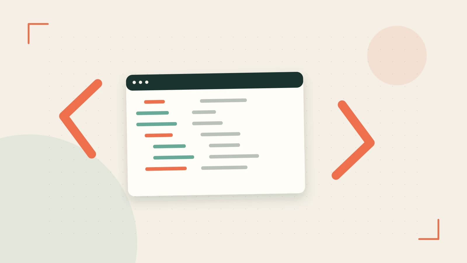Editorial illustration of an abstract code editor, syntax blocks and oversized programming brackets