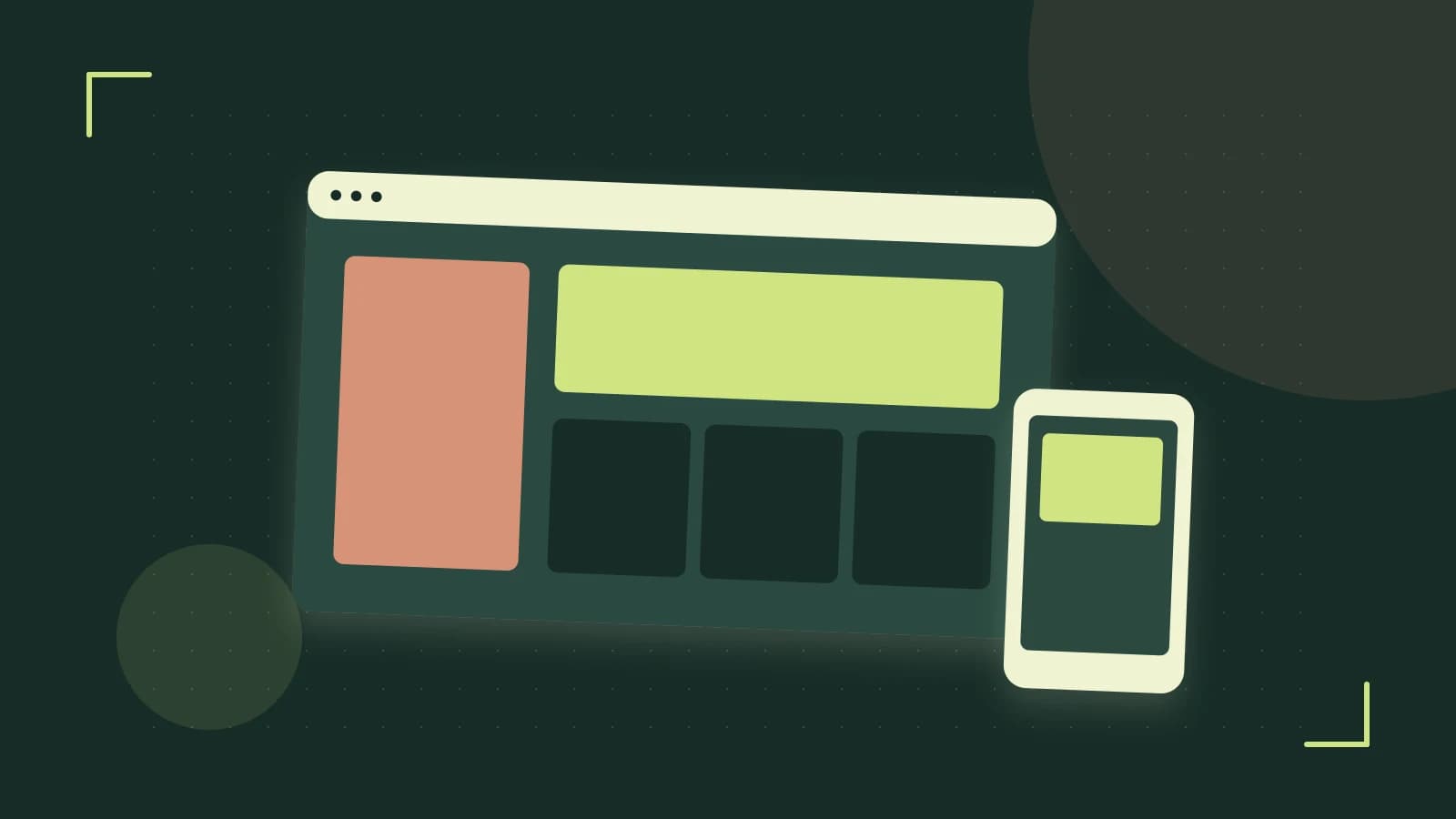 Editorial illustration of responsive browser layouts, overlapping design components and a color system