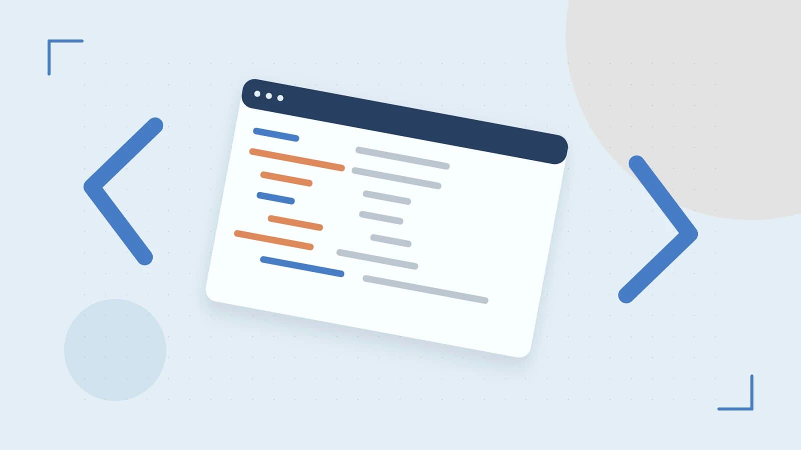 Editorial illustration of an abstract code editor, syntax blocks and oversized programming brackets