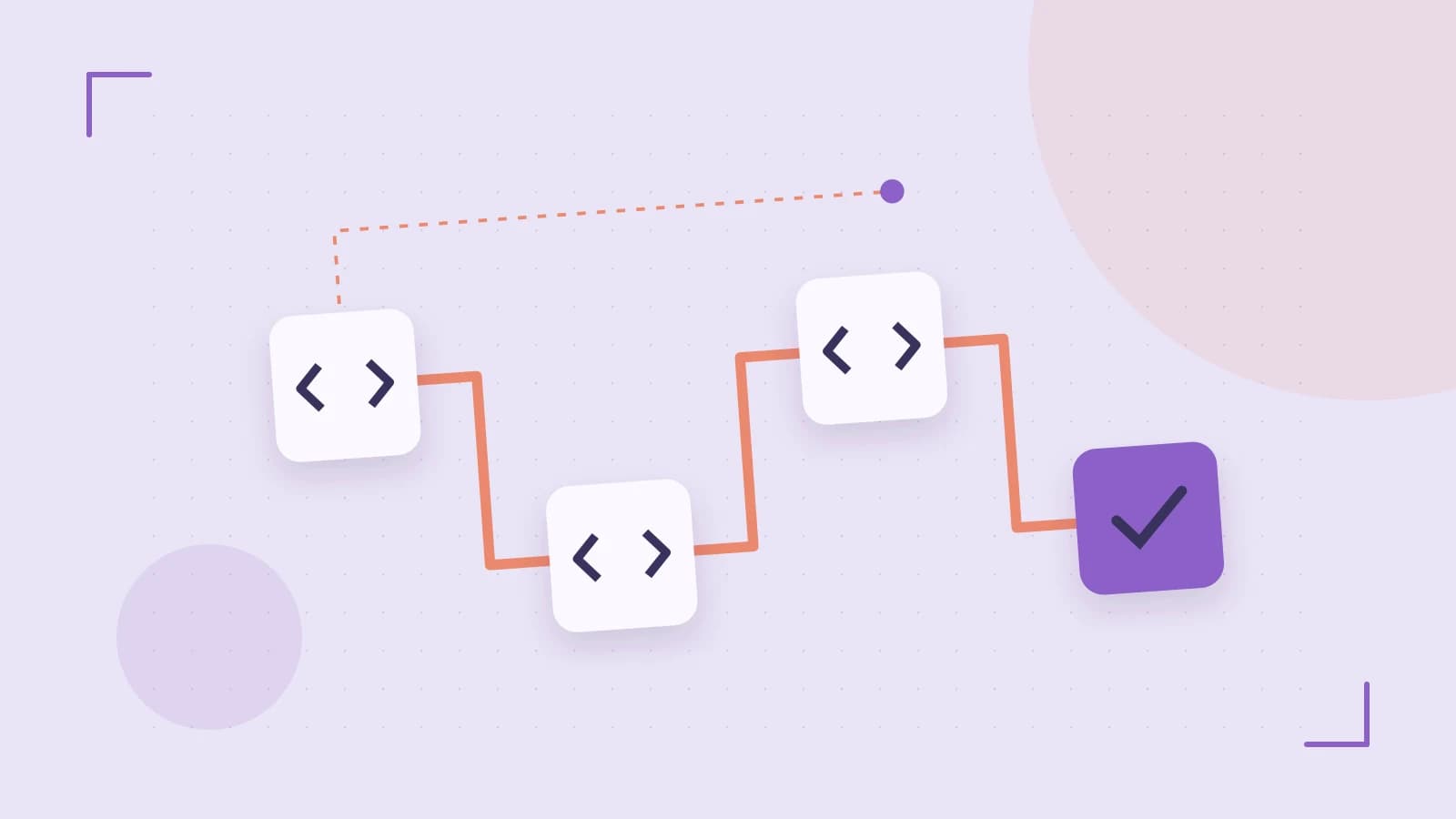 Editorial illustration of a branching build pipeline, staged transformations and a completed check