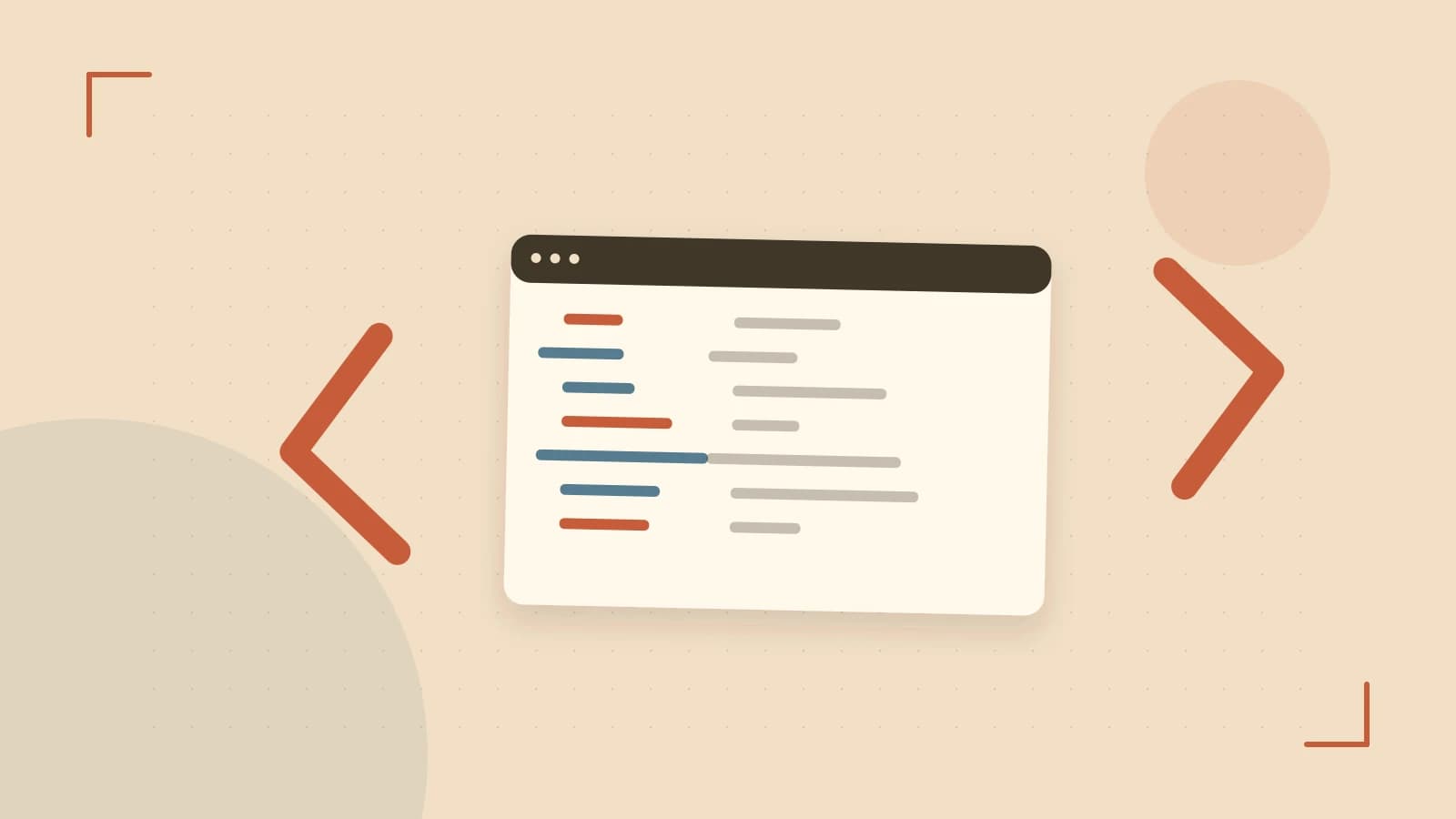 Editorial illustration of an abstract code editor, syntax blocks and oversized programming brackets