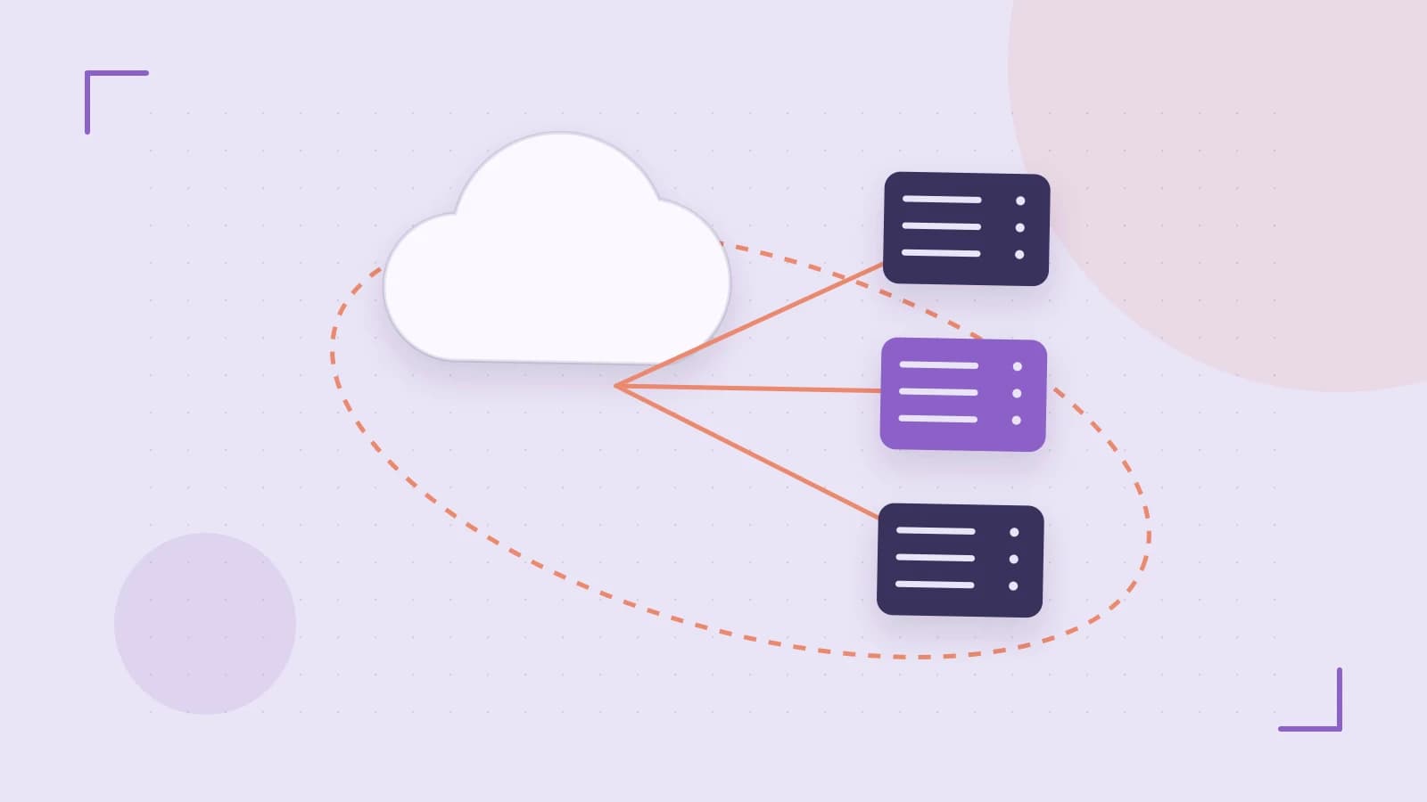 Editorial illustration of cloud infrastructure, connected server racks and an orbital service map