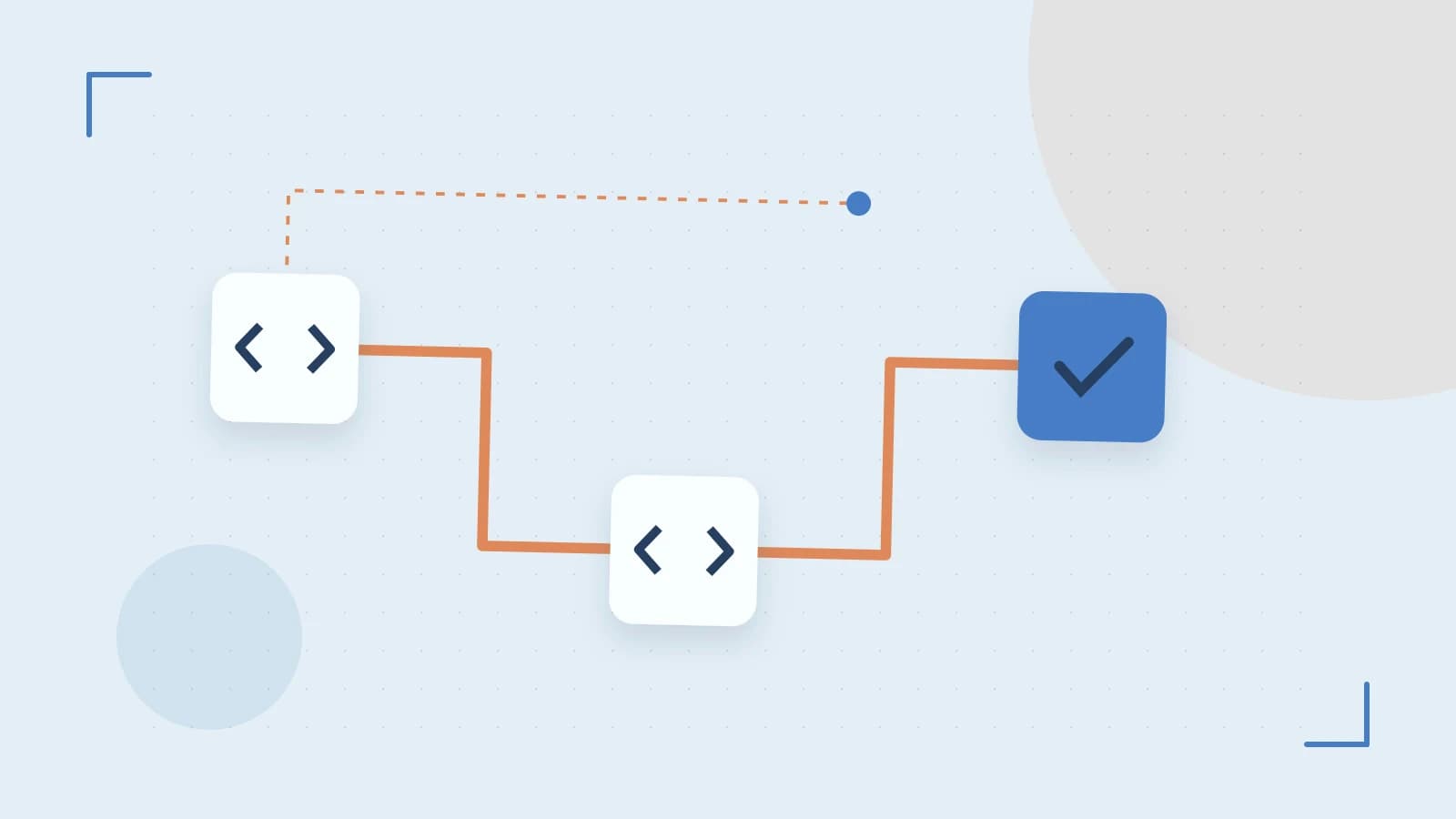 Editorial illustration of a branching build pipeline, staged transformations and a completed check