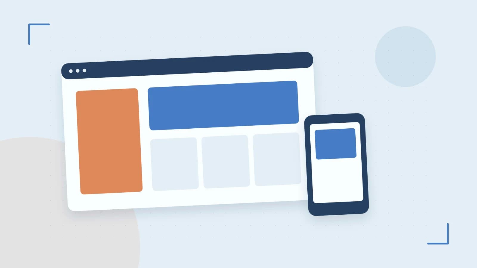 Editorial illustration of responsive browser layouts, overlapping design components and a color system