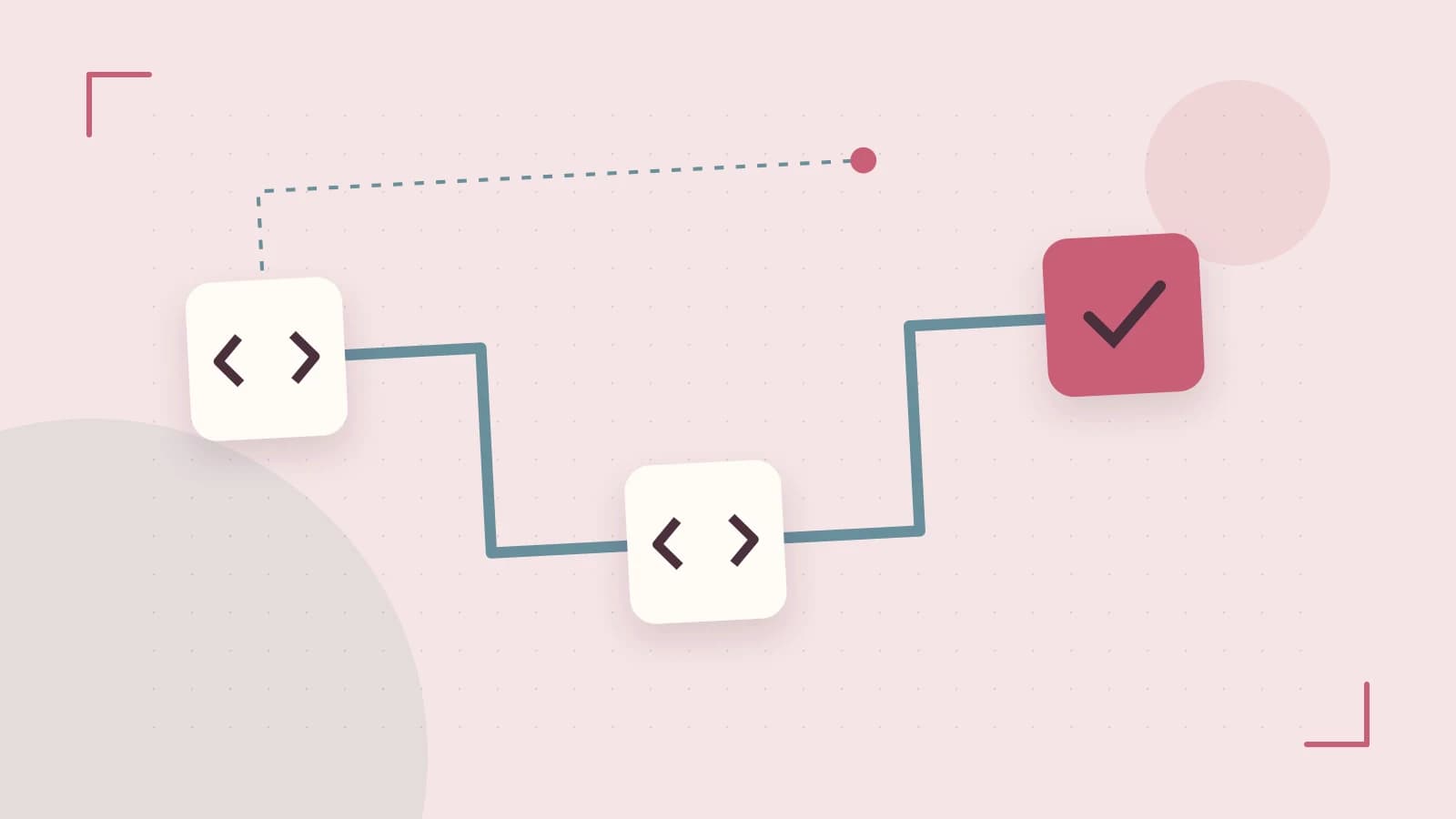 Editorial illustration of a branching build pipeline, staged transformations and a completed check