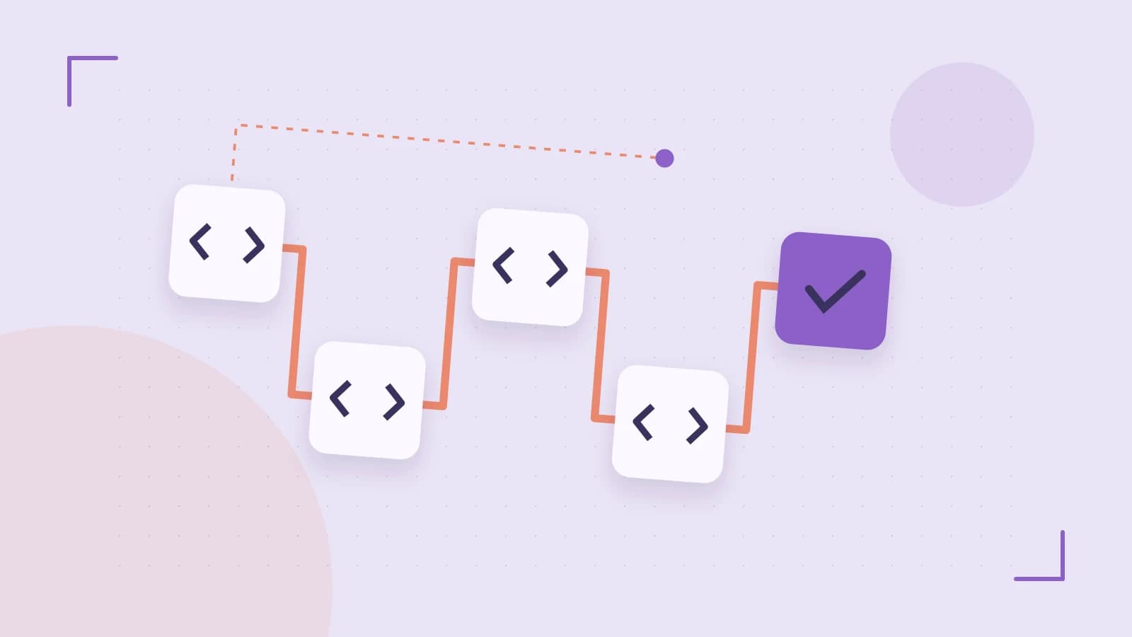 Editorial illustration of a branching build pipeline, staged transformations and a completed check