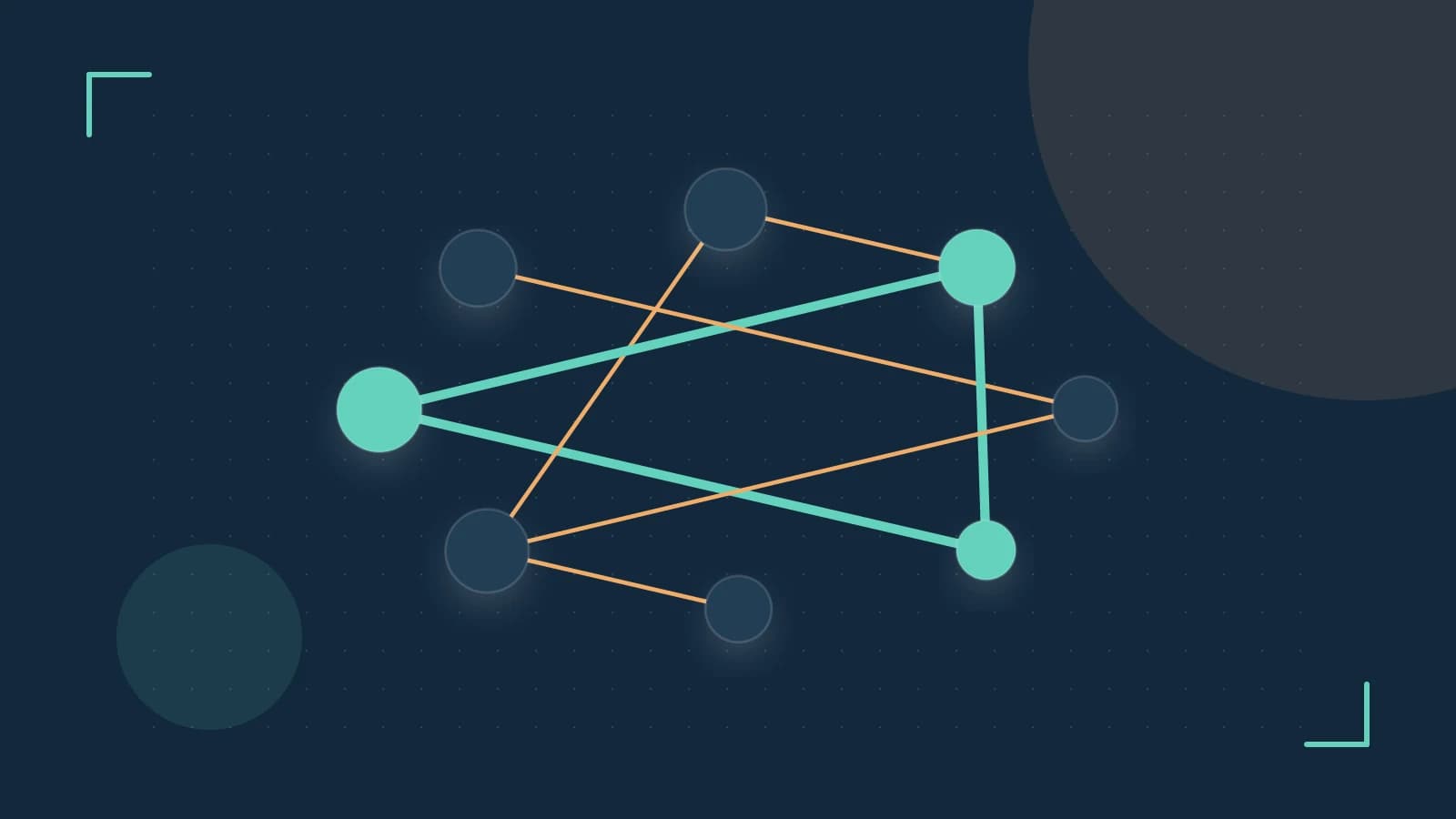 Editorial illustration of an algorithmic node graph with branching paths and a highlighted result