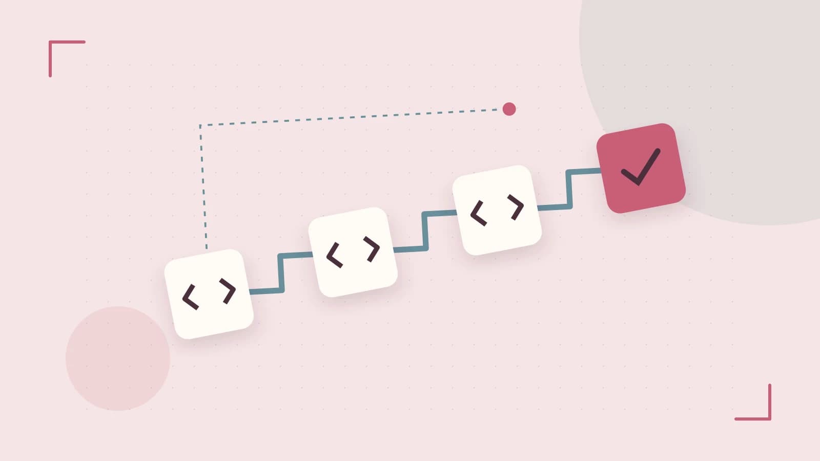 Editorial illustration of a branching build pipeline, staged transformations and a completed check