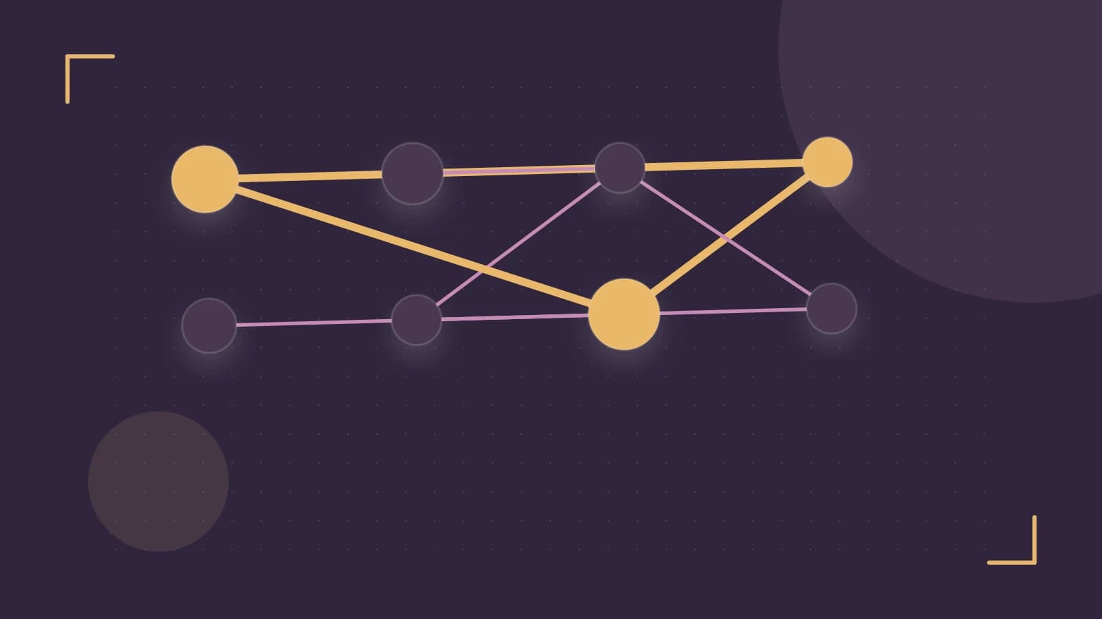 Editorial illustration of an algorithmic node graph with branching paths and a highlighted result