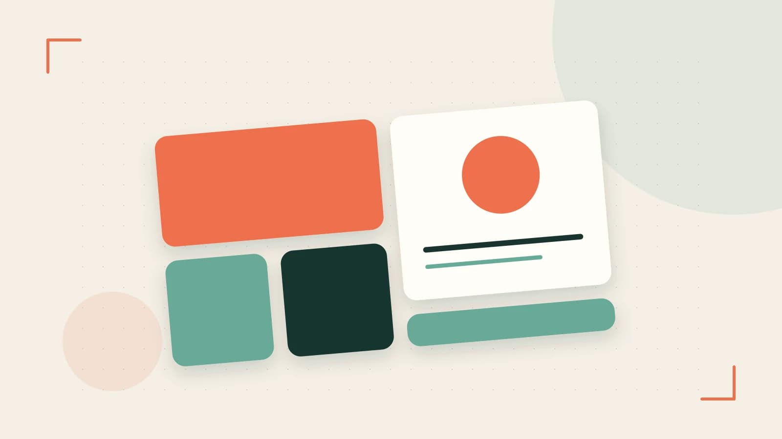 Editorial illustration of responsive browser layouts, overlapping design components and a color system