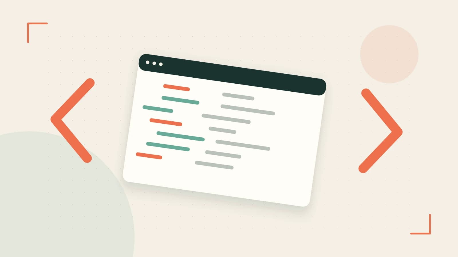 Editorial illustration of an abstract code editor, syntax blocks and oversized programming brackets