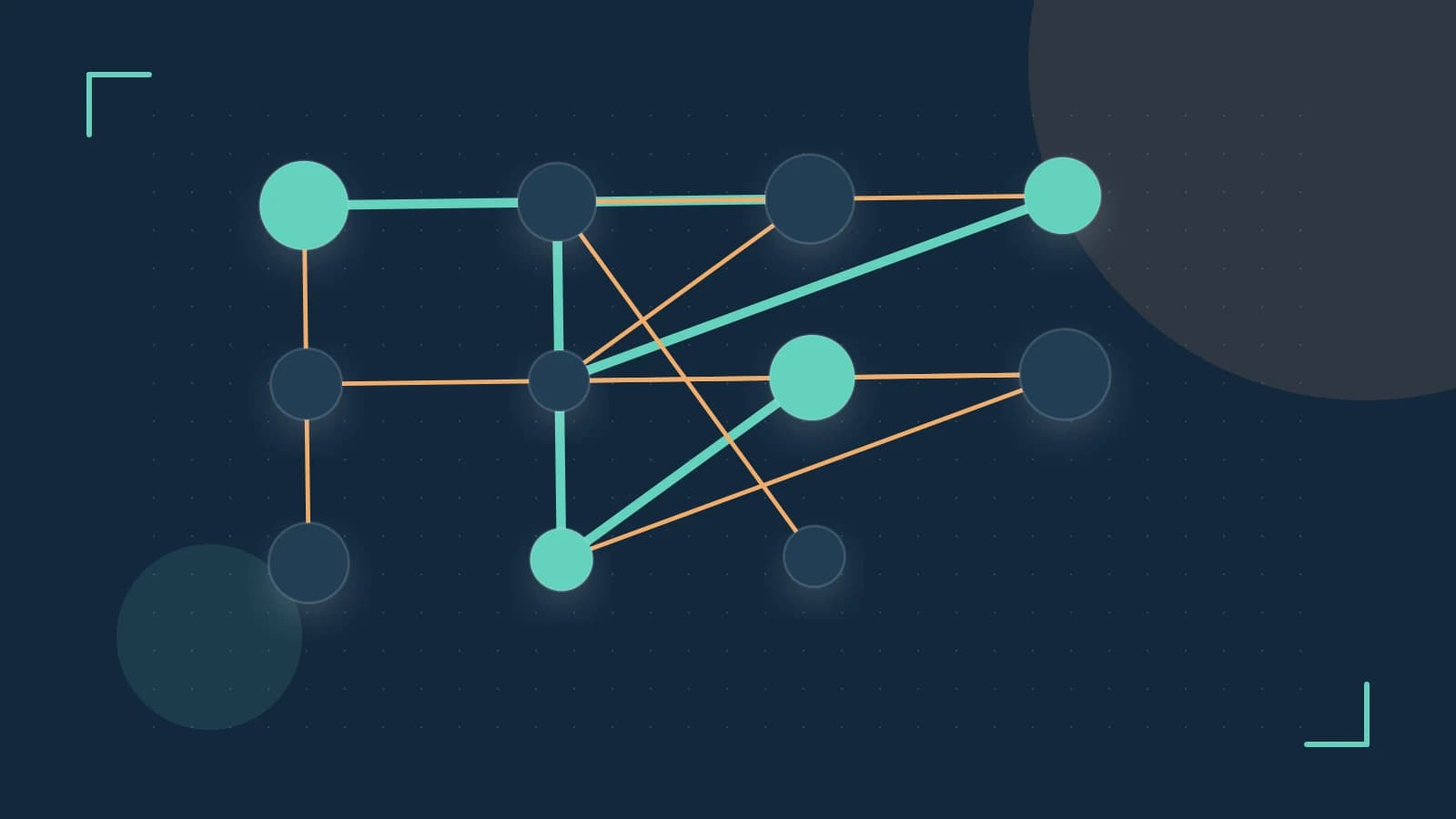 Editorial illustration of an algorithmic node graph with branching paths and a highlighted result