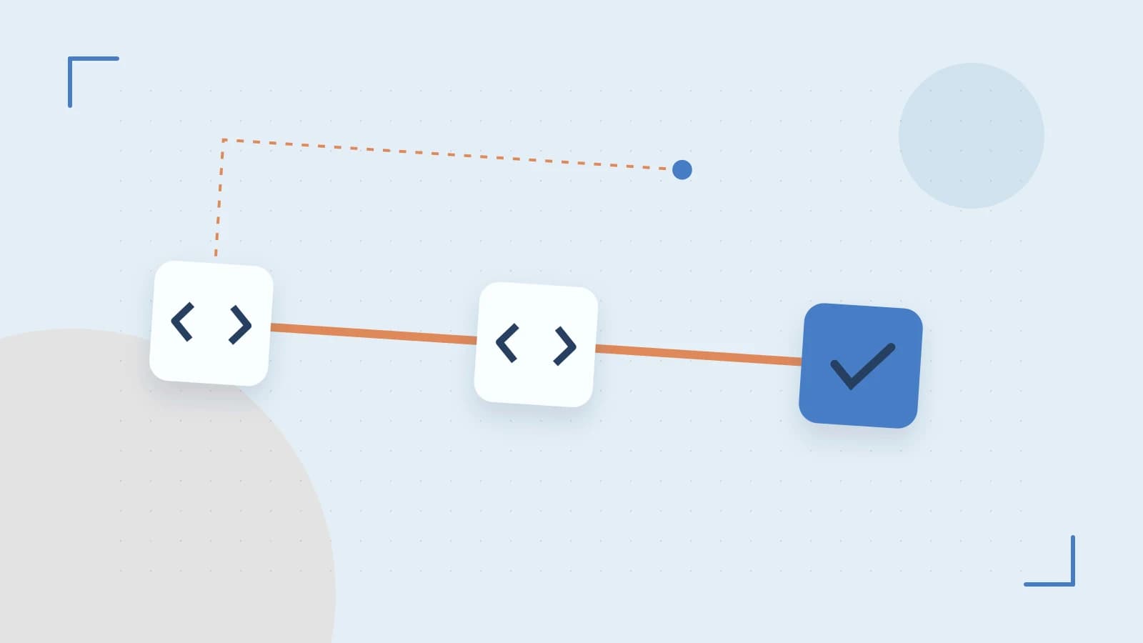 Editorial illustration of a branching build pipeline, staged transformations and a completed check