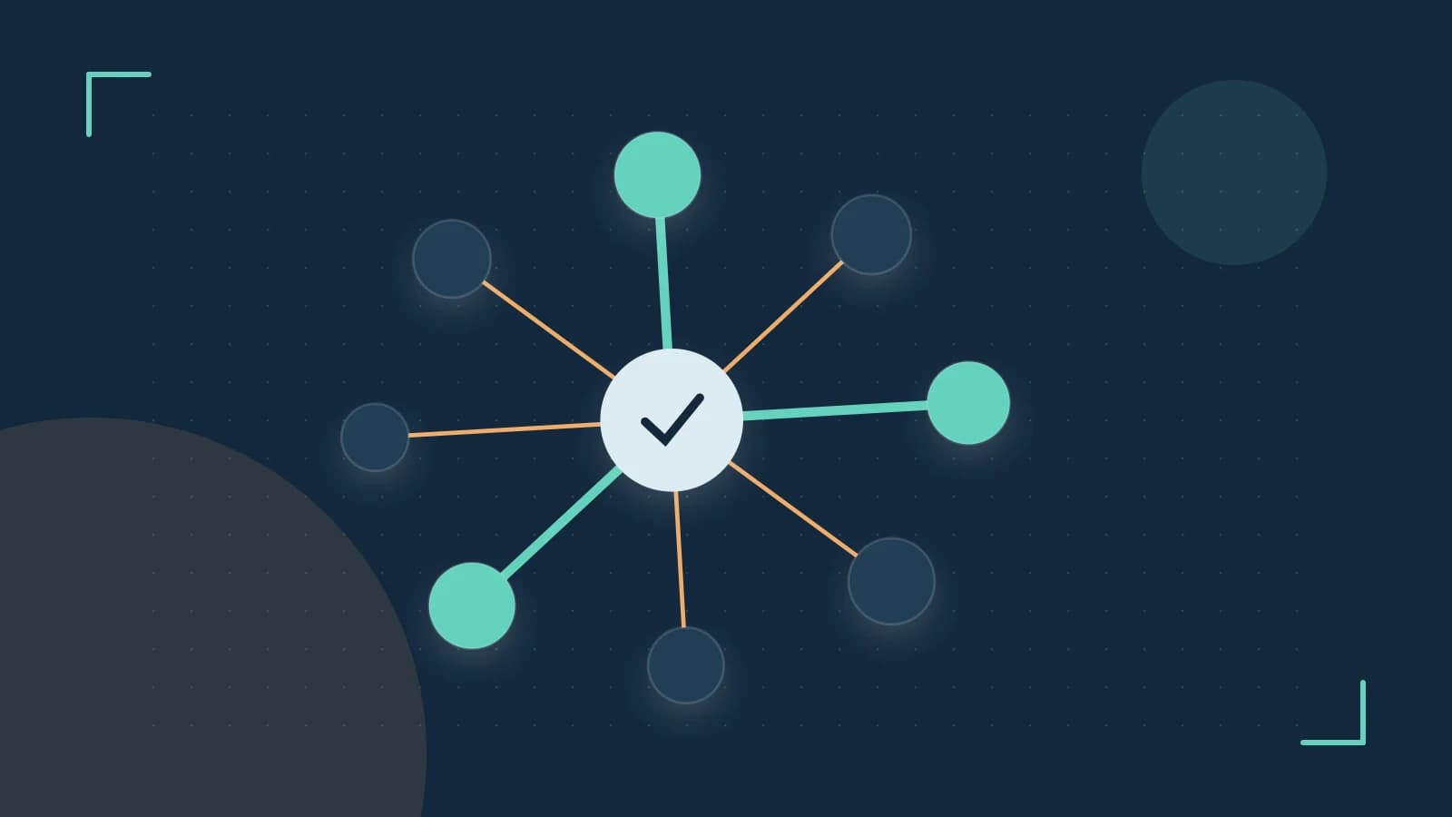 Editorial illustration of an algorithmic node graph with branching paths and a highlighted result