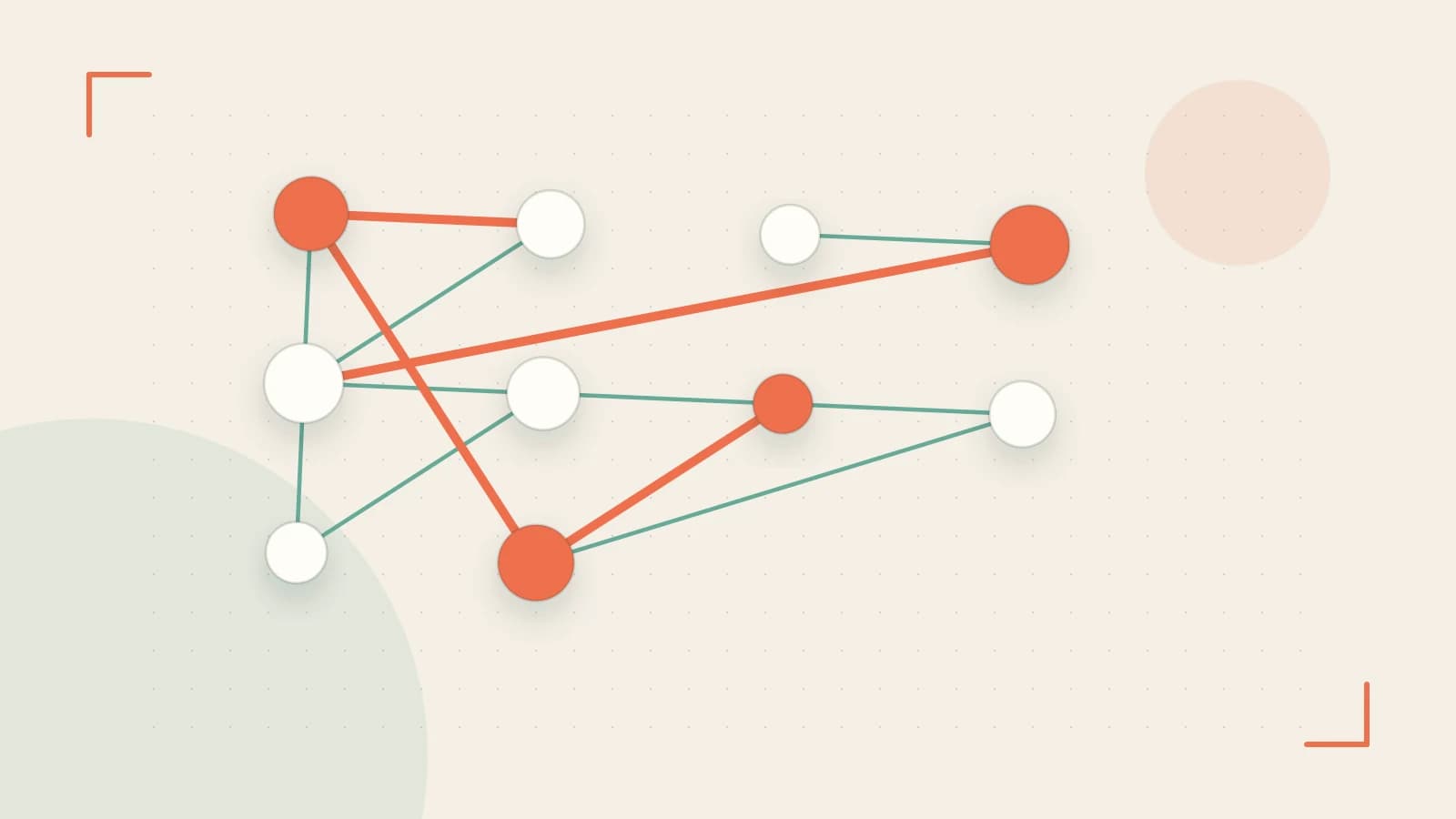 Editorial illustration of an algorithmic node graph with branching paths and a highlighted result