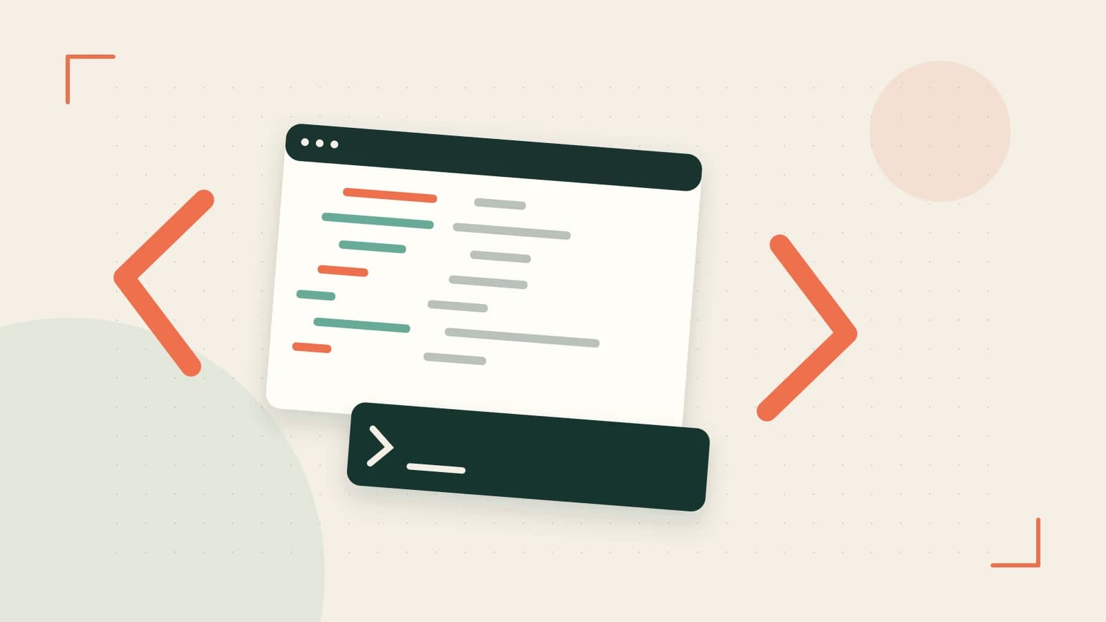 Editorial illustration of an abstract code editor, syntax blocks and oversized programming brackets