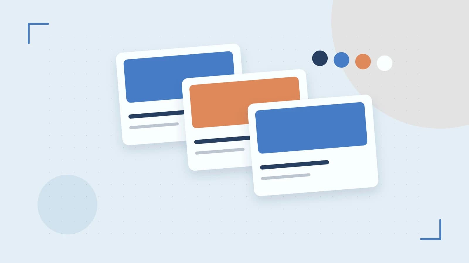Editorial illustration of responsive browser layouts, overlapping design components and a color system