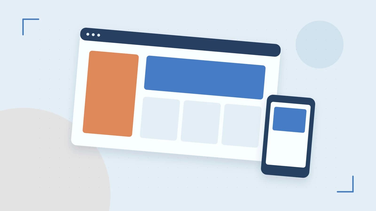 Editorial illustration of responsive browser layouts, overlapping design components and a color system