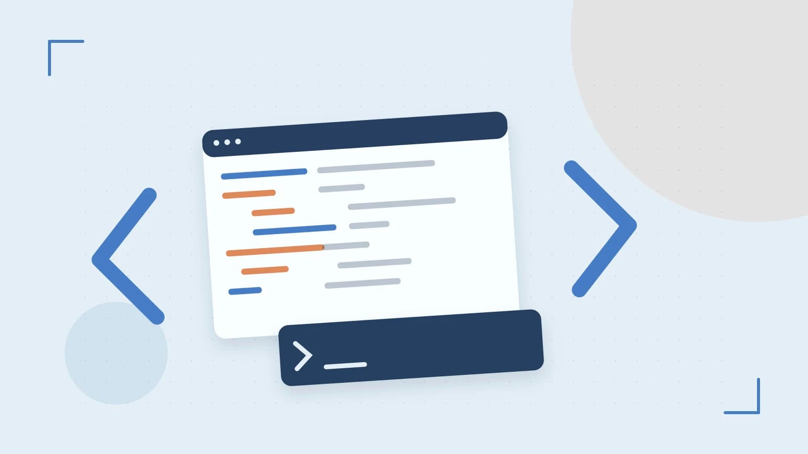 Editorial illustration of an abstract code editor, syntax blocks and oversized programming brackets