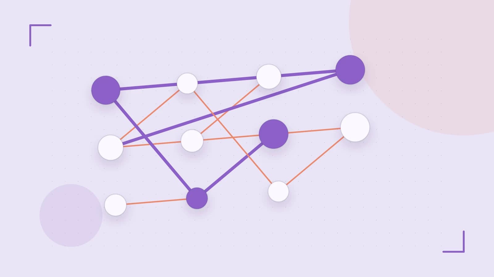 Editorial illustration of an algorithmic node graph with branching paths and a highlighted result