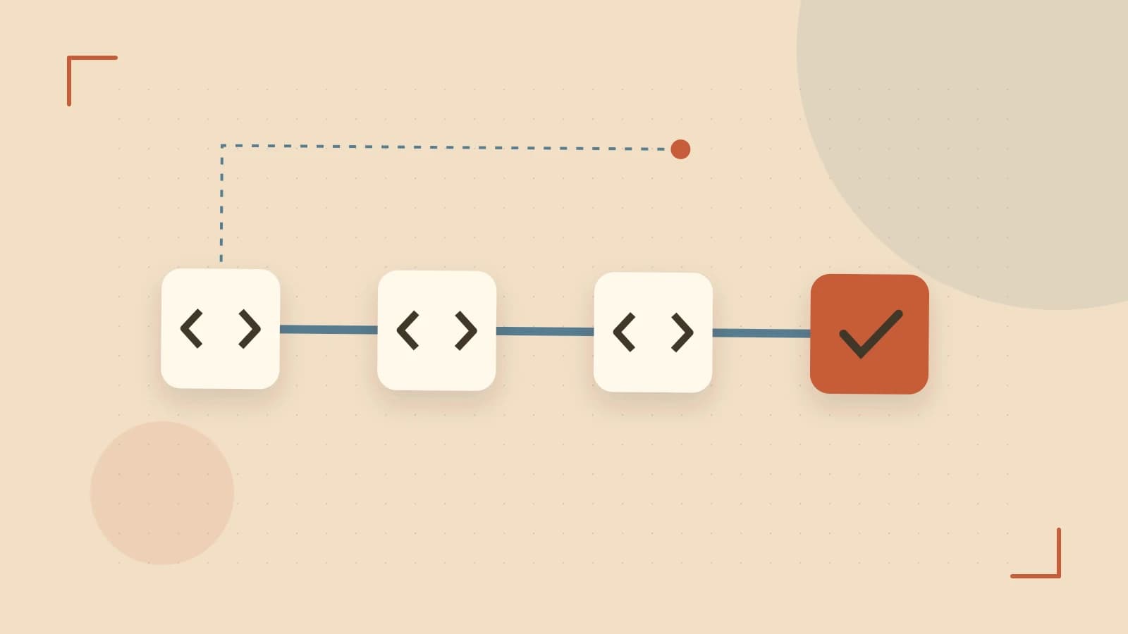 Editorial illustration of a branching build pipeline, staged transformations and a completed check