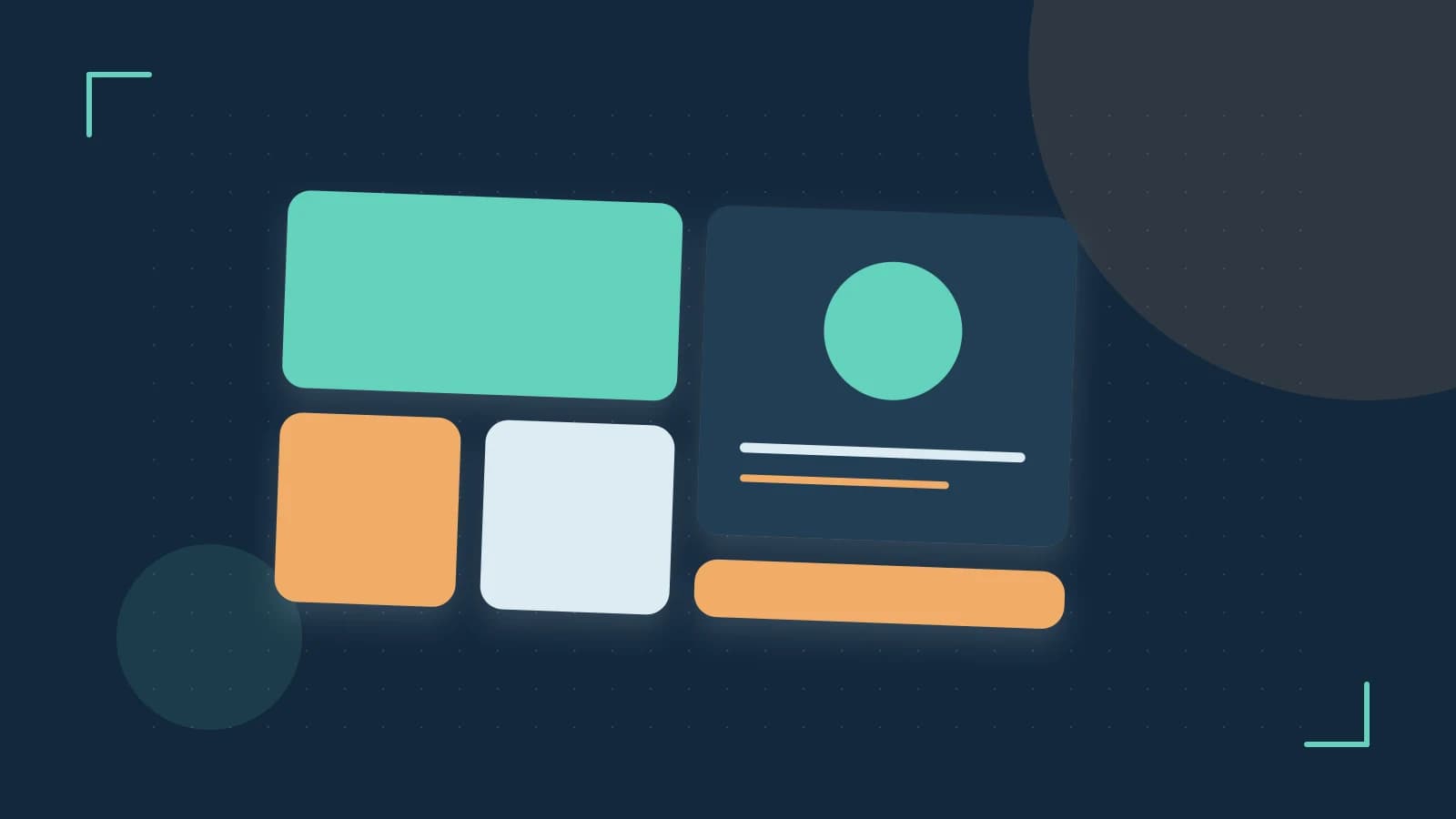 Editorial illustration of responsive browser layouts, overlapping design components and a color system
