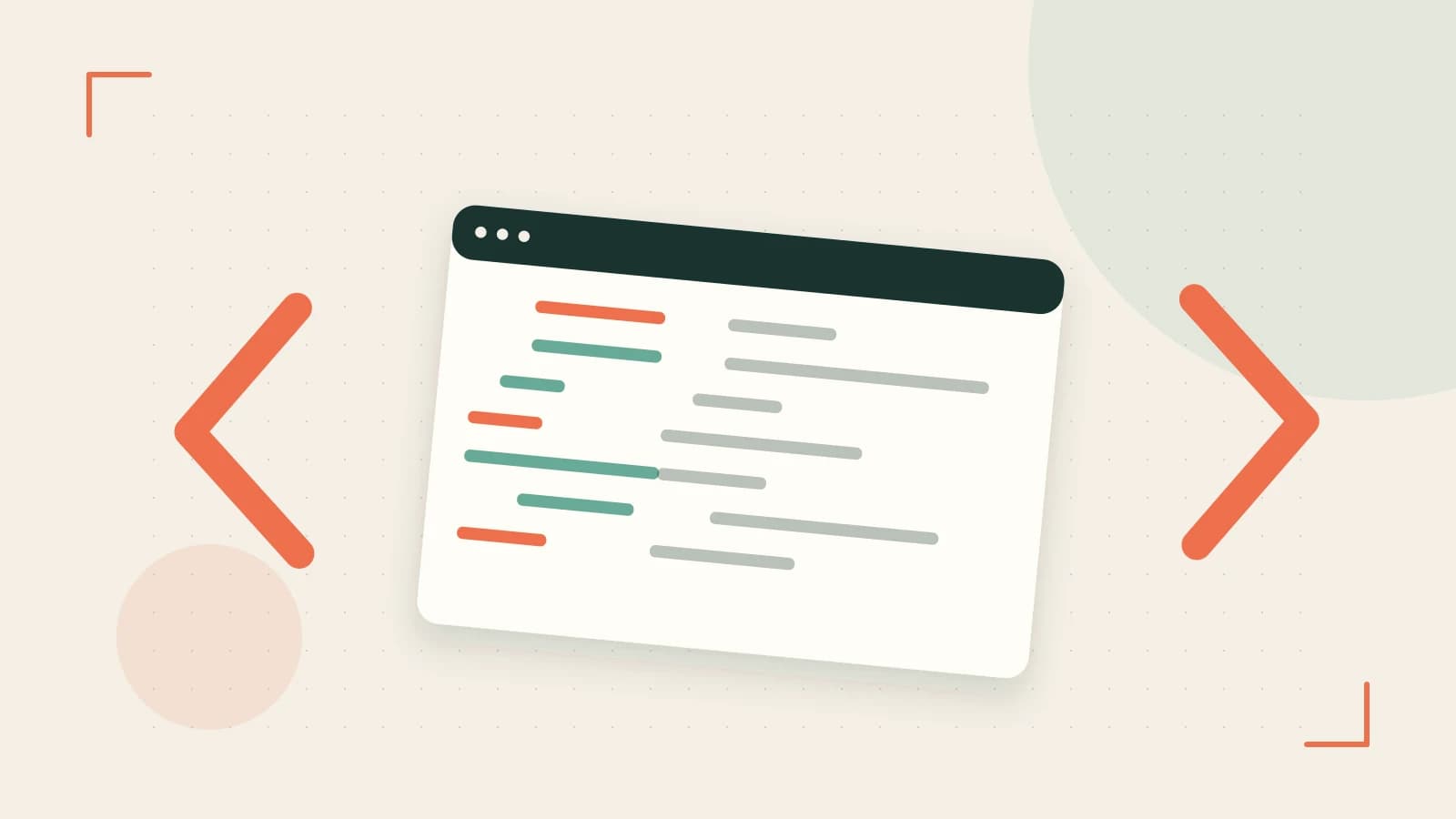 Editorial illustration of an abstract code editor, syntax blocks and oversized programming brackets