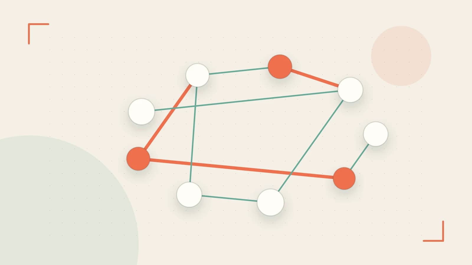 Editorial illustration of an algorithmic node graph with branching paths and a highlighted result